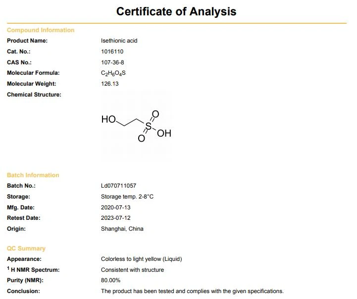 CAS 107-36-8 2-Hydroxyethanesulphonic Acid COA | Shaanxi BLOOM Tech Co., Ltd CAS 107-36-8 2-Hydroxyethanesulphonic Acid COA | Shaanxi BLOOM Tech Co., Ltd